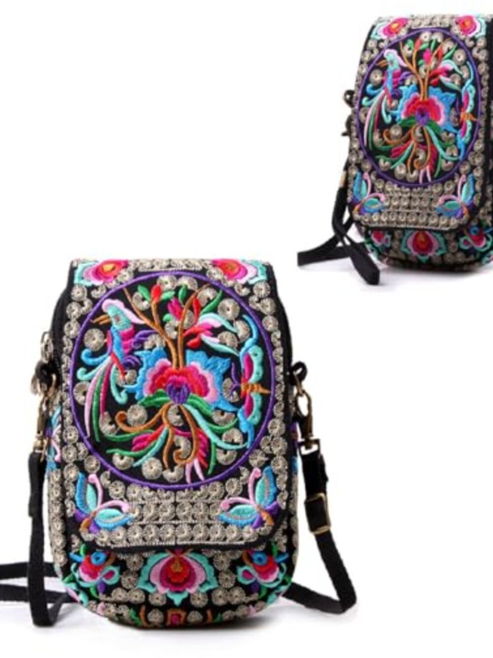 Embroidered Crossbody Cellphone Wallet Bag Mini Shoulder Purse